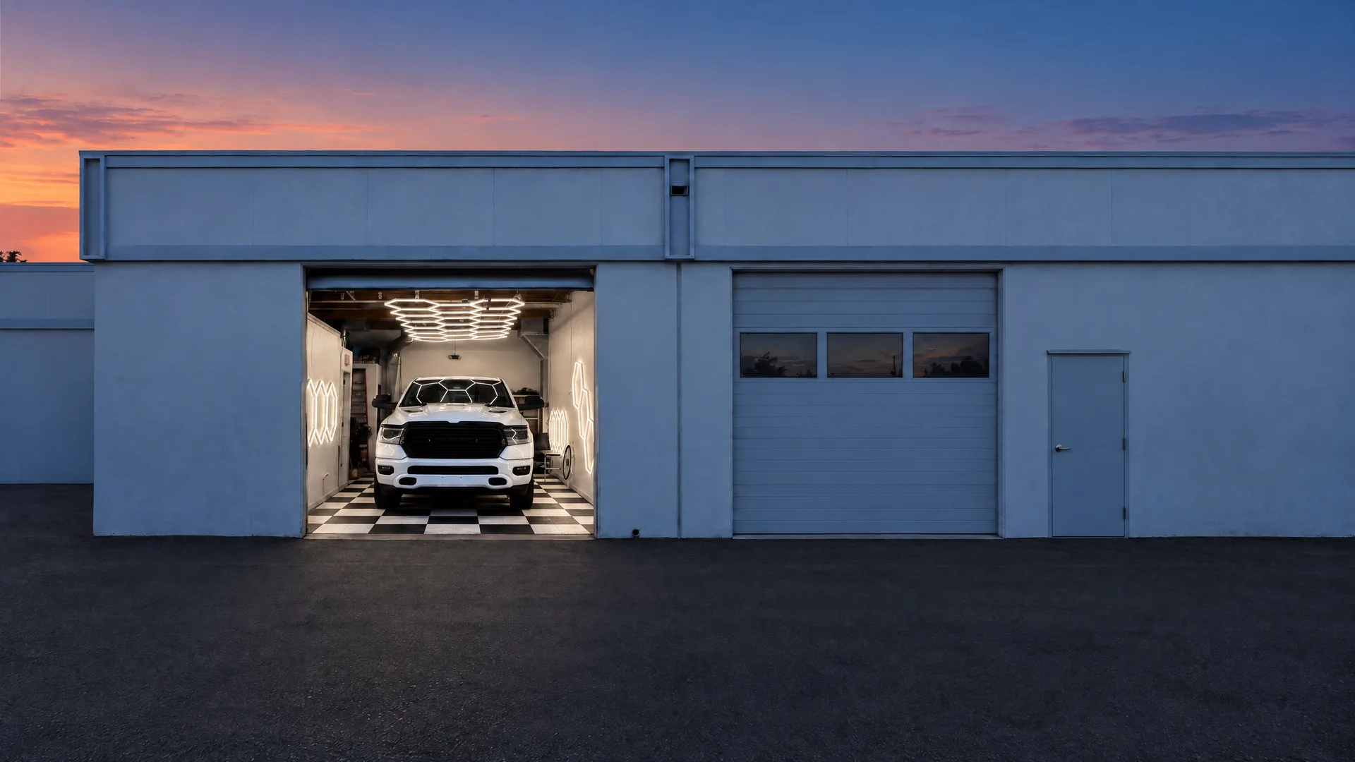 Oka's Car Care at dusk, the lit bay seen through the open door, Mountain View