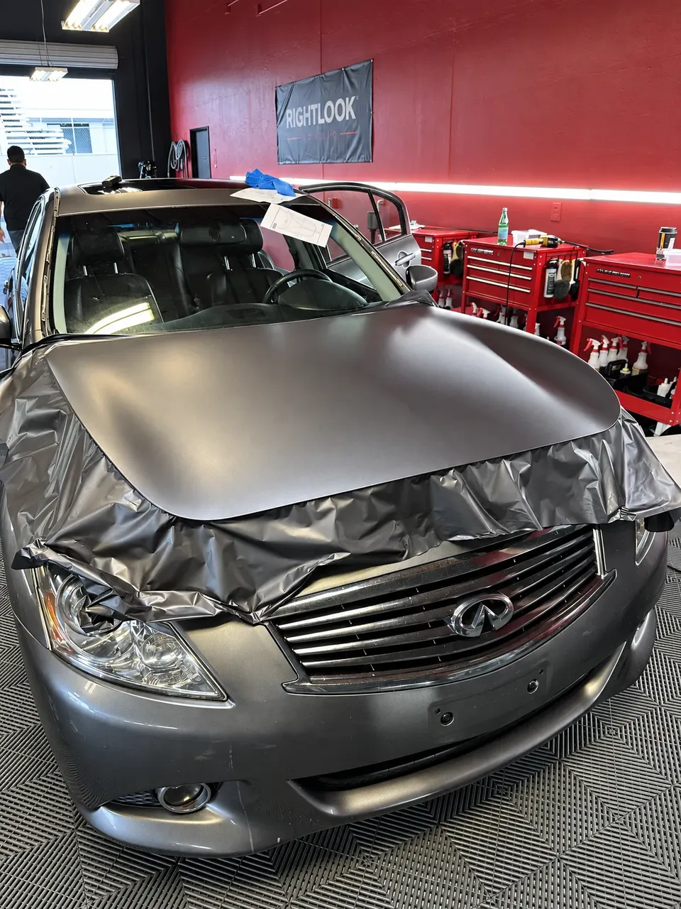 Infiniti sedan getting a matte grey wrap, wraps gallery, Oka's Car Care, Mountain View