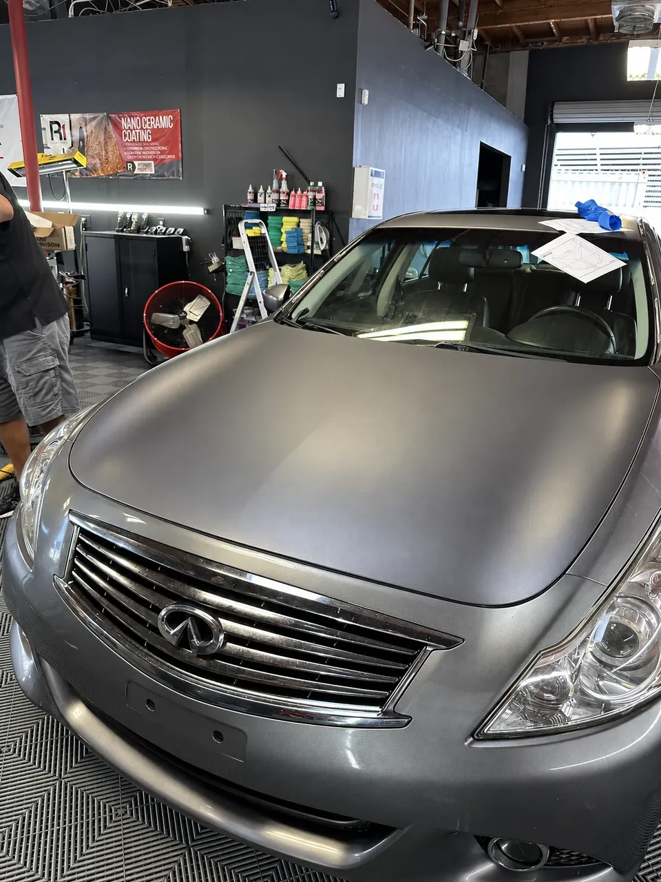 Infiniti in matte grey wrap — Oka's Car Care, Mountain View
